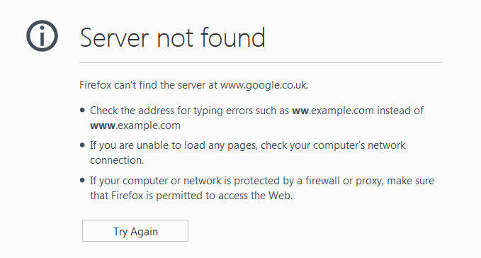 Firefox “Server Not Found” error screenshot
