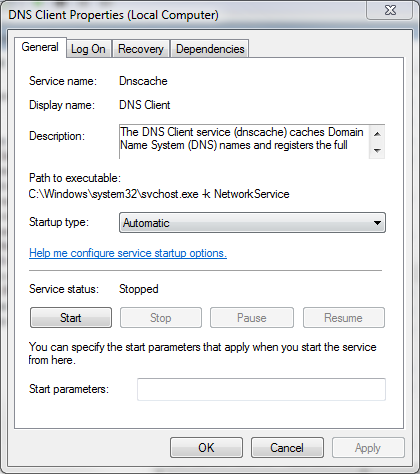 Windows DNS Client service screenshot